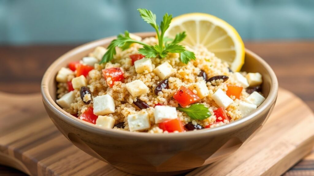 Zesty Lemon Greek Quinoa Salad with fresh herbs, bright vegetables, and creamy feta