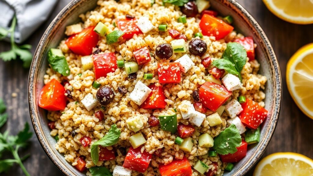Fresh and flavorful Zesty Lemon Greek Quinoa Salad with colorful vegetables and herbs
