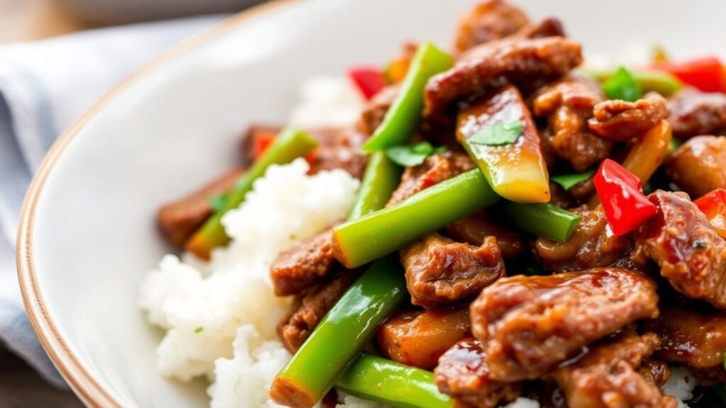 Nutrition table and stir-fry plating ideas for Hoisin Beef Pepper Stir-Fry