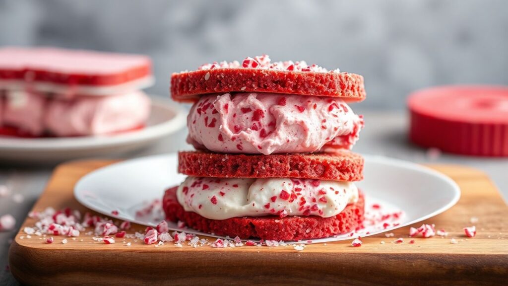 Red velvet ice cream sandwich with creamy filling between red velvet cookies