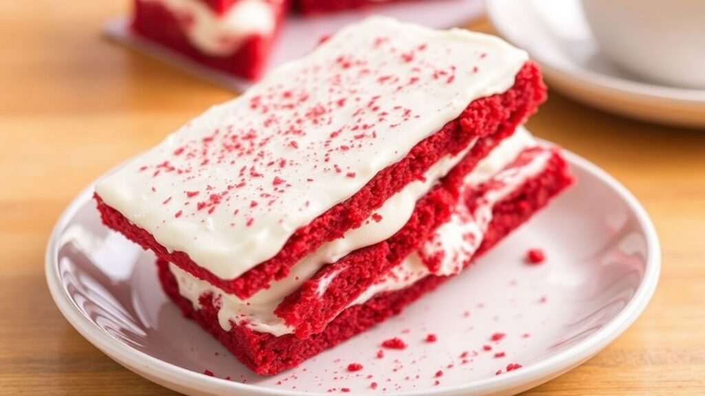 Three red velvet ice cream sandwiches on a plate