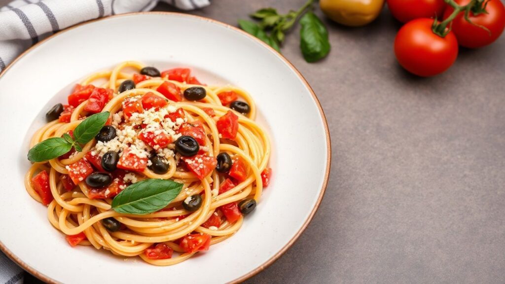 Pasta puttanesca الإيطالية مع أنشوجة وزيتون، تبرز نكهة جريئة