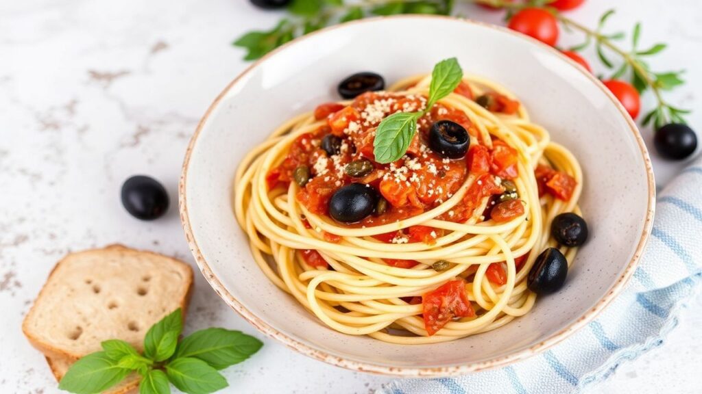 Pasta puttanesca الإيطالية مع أنشوجة وزيتون