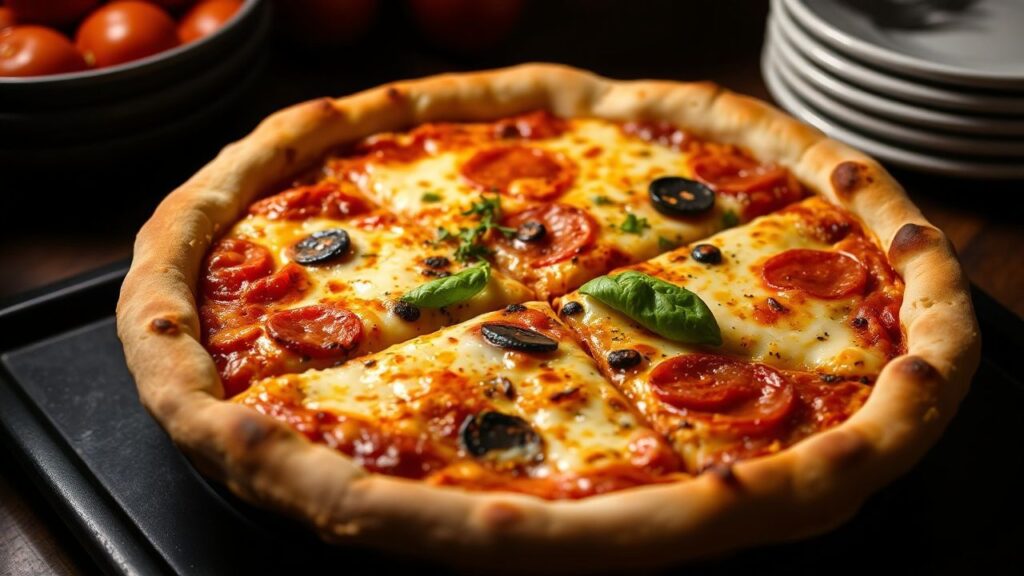 Chicago deep dish pizza in the oven showing a golden crust and rich filling