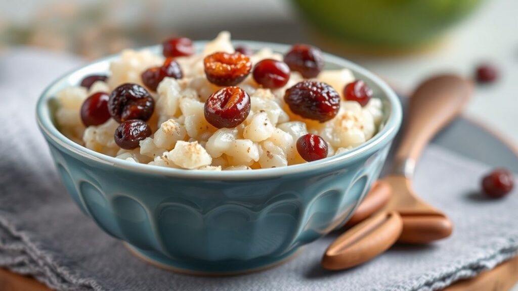 Creamy old-fashioned rice pudding with raisins in a warm bowl