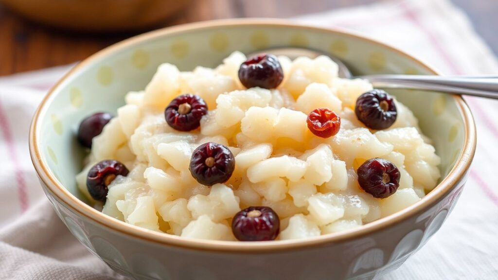 Warm rice pudding with raisins, creamy texture close-up