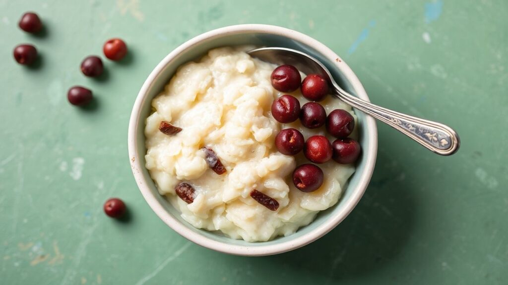 Old-fashioned rice pudding with raisins ready to serve
