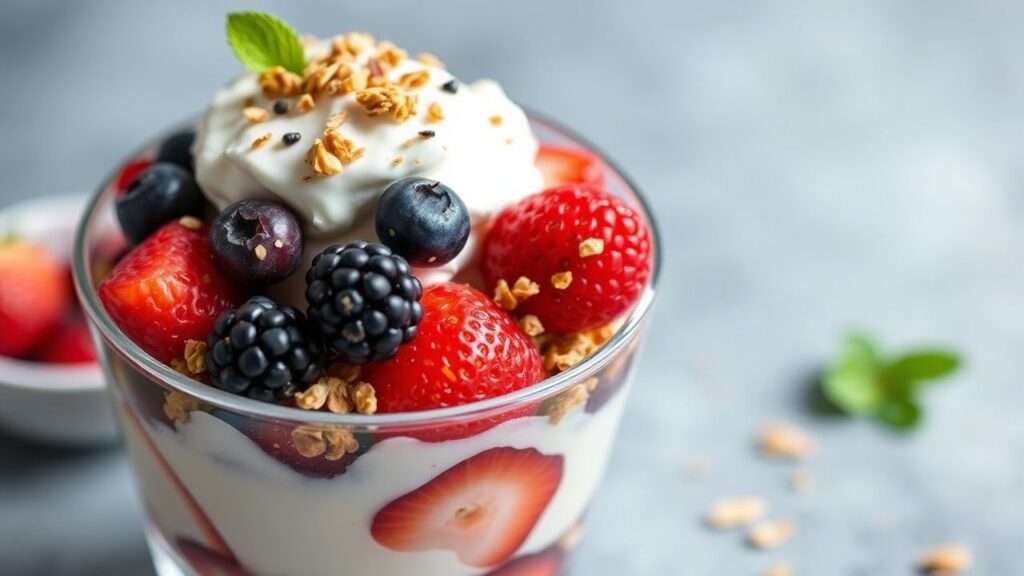 Power-packed Greek yogurt parfait with berries and granola in a glass jar
