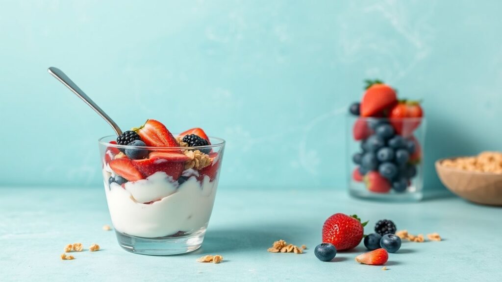 Power-packed Greek yogurt parfait with berries and granola served in layers