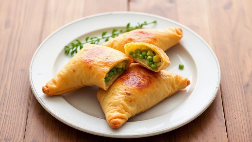 Golden crispy potato and pea turnovers ready to serve