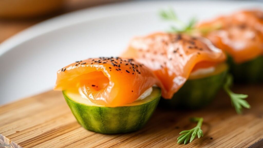 Smoked salmon and cream cheese cucumber bites on a platter, ready for serving.