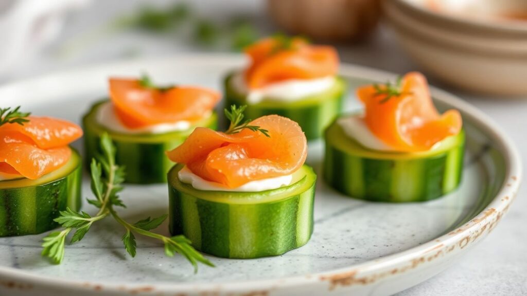 Cucumber bites topped with cream cheese and smoked salmon with dill garnish.