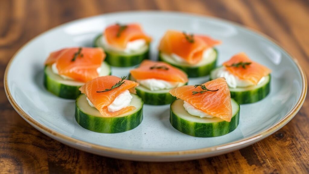 Smoked salmon cream cheese cucumber bites ready to serve.