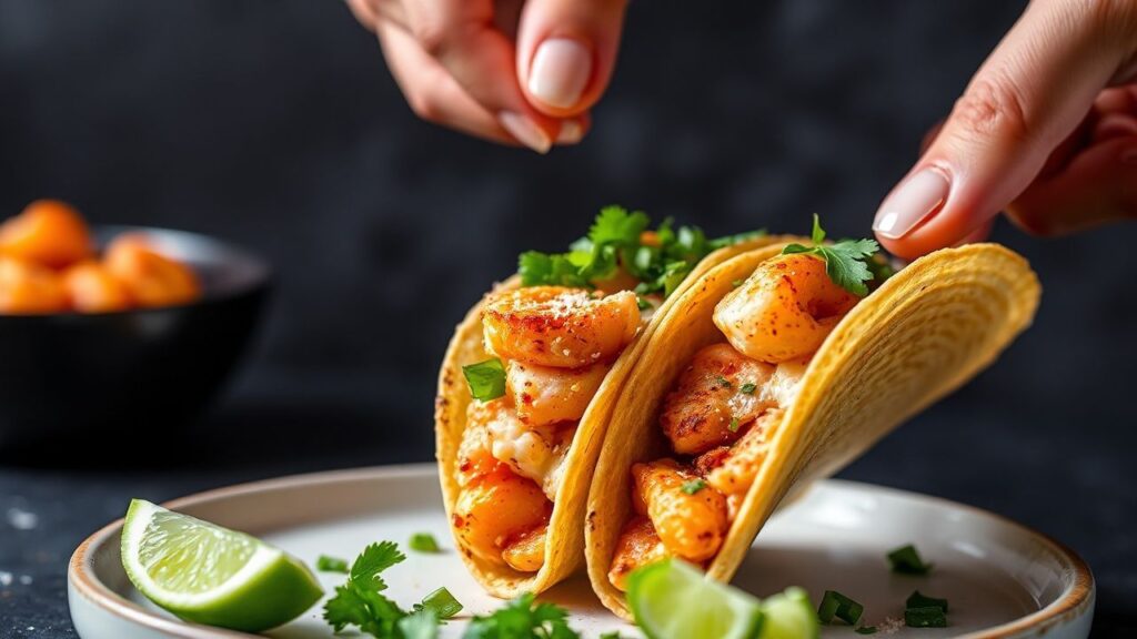 Bang bang shrimp tacos in 15 minutes with spicy creamy sauce and zesty toppings.