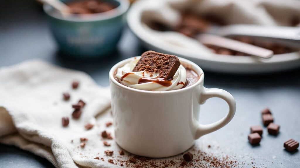 Chocolate mug cake in a mug, ready in five minutes