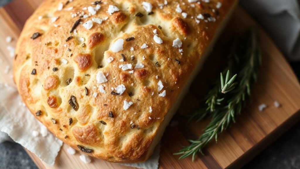 No-knead rosemary focaccia with flaky sea salt, blistered crust, and herb aroma.