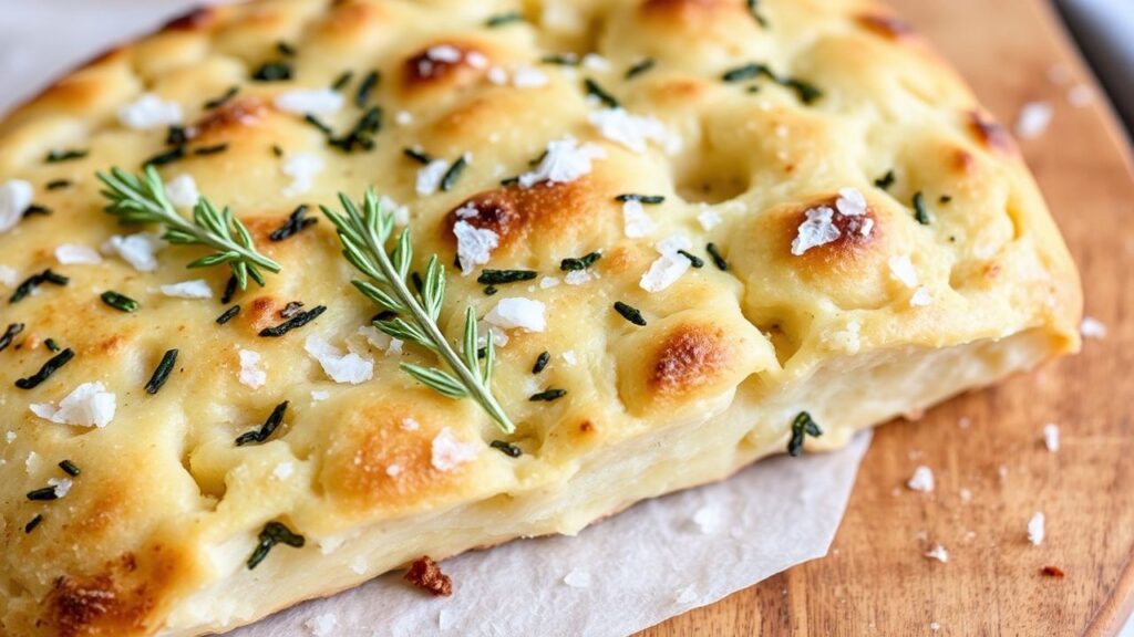 Rosemary focaccia ready to serve with golden, crisp edges and sea salt topping.