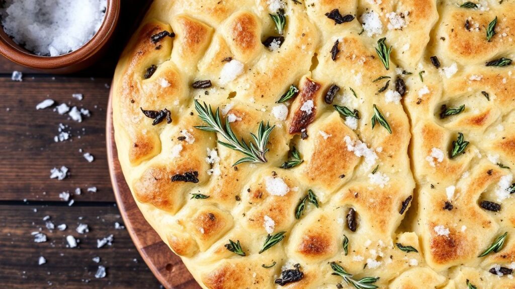 Baked no-knead rosemary focaccia with flaky sea salt and golden crust.
