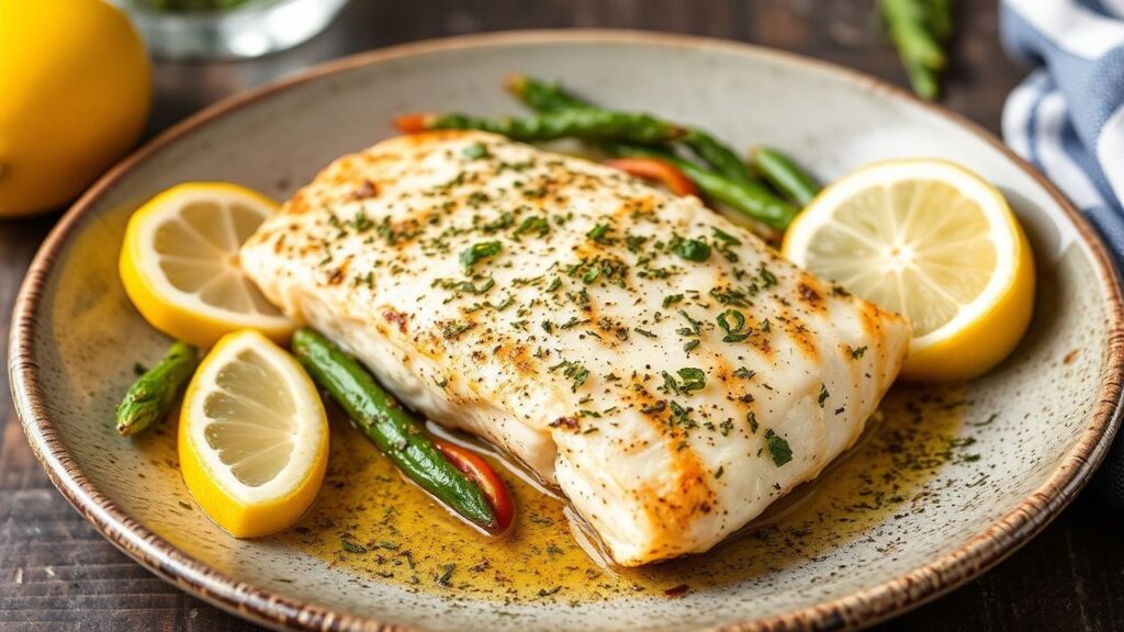 Lemon herb baked tilapia ready to serve with lemon wedges and herbs.