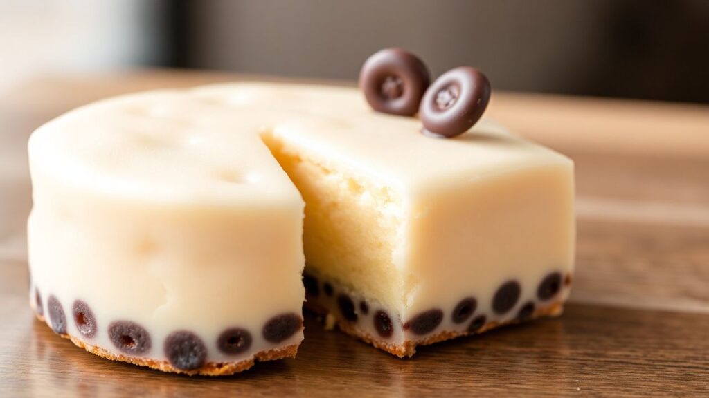Elegantly presented boba milk tea cake with glossy tapioca pearls topping