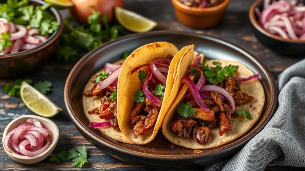 Jackfruit carnitas tacos with tangy pickled onions and fresh toppings