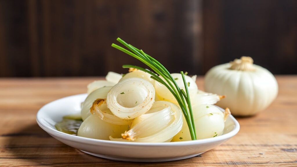 Sweet and sour cipollini onions glaze over tender small onions.