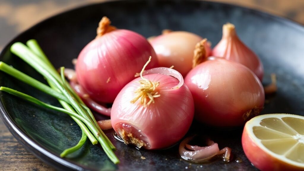 Sweet and sour cipollini onions in serving dish.