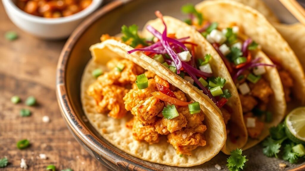 Crunchy Asian chicken wonton tacos with colorful toppings