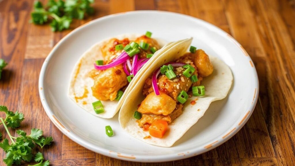 Wonton taco shells filled with Asian chicken and fresh toppings