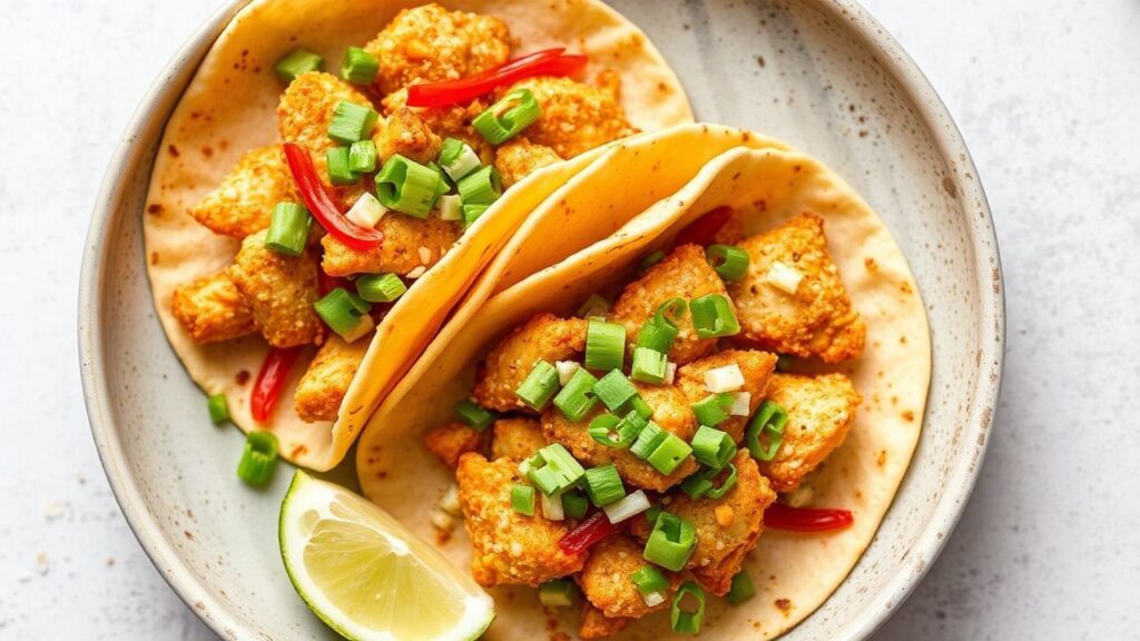 Finished crunchy asian chicken wonton tacos with lime and sesame