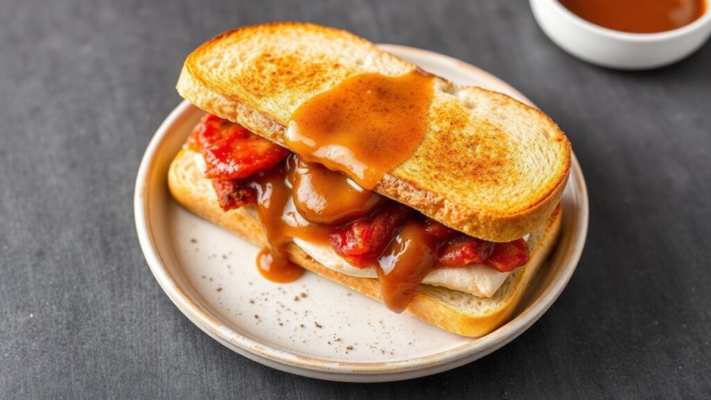 Open-faced hot turkey sandwich with rich gravy over toasted bread
