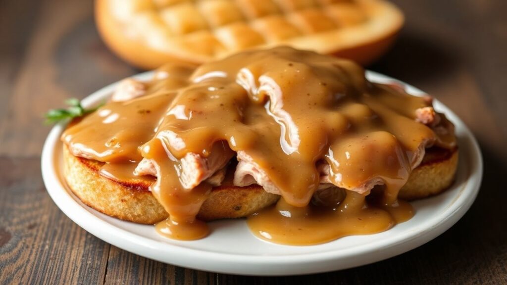 Turkey drenched in rich gravy on toasted sourdough
