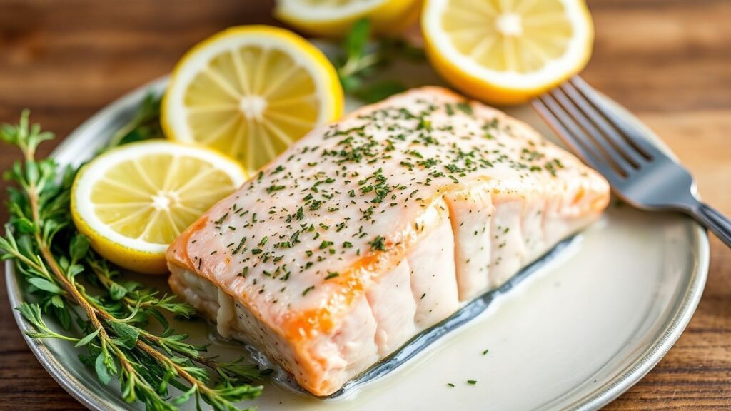 Lemon herb baked salmon with fresh herbs and lemon wedges