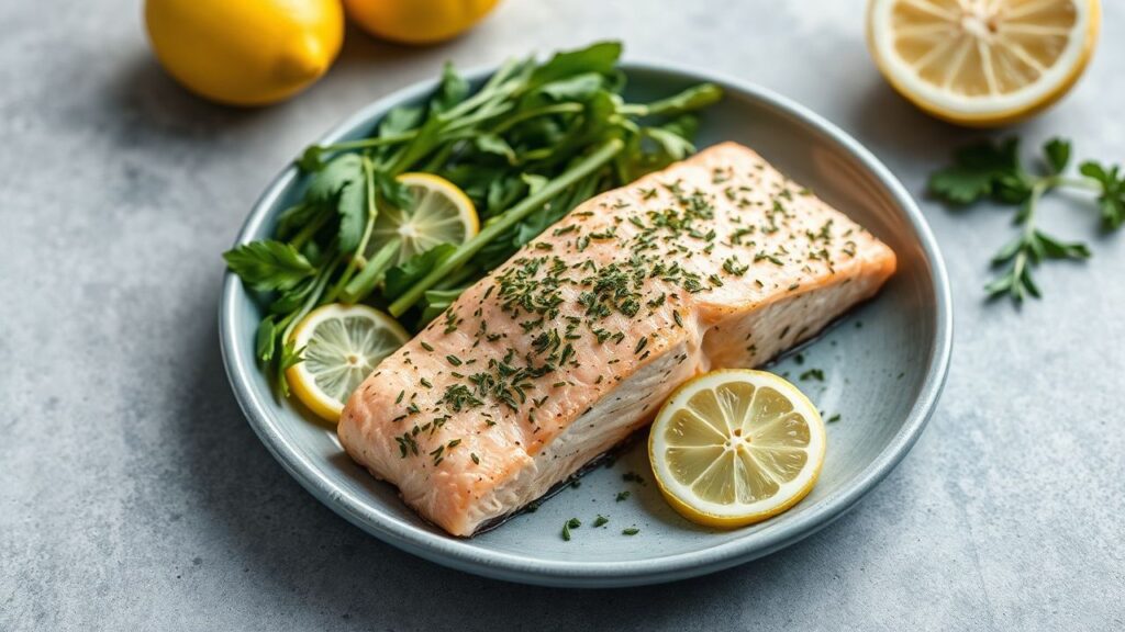 Fresh lemon herb baked salmon served on a plate