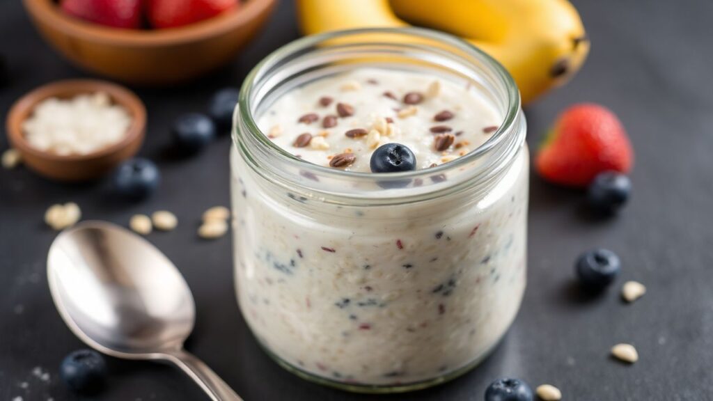 Overnight oats in a jar ready to eat in the morning