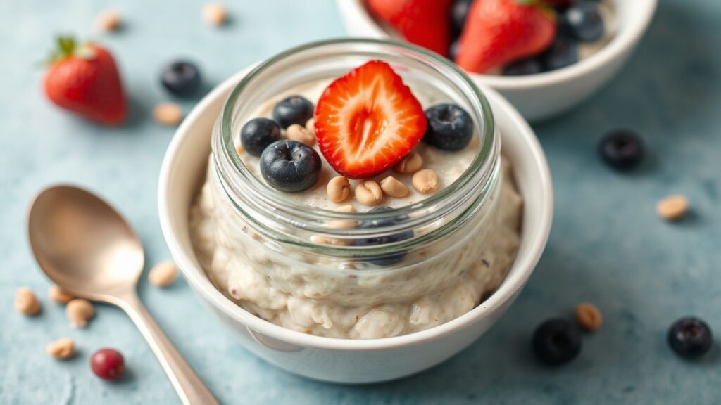 A jar of overnight oats ready to eat