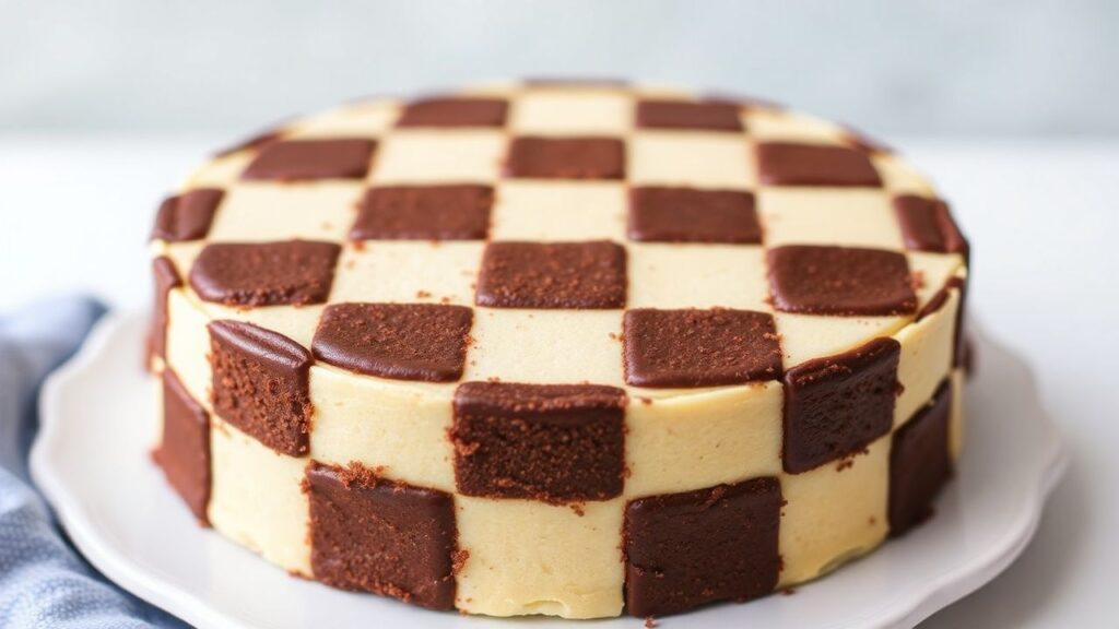 A patterned checkerboard cake slice on a serving plate