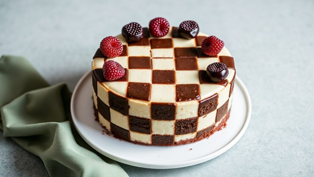 Finished checkerboard cake for a celebratory dessert moment
