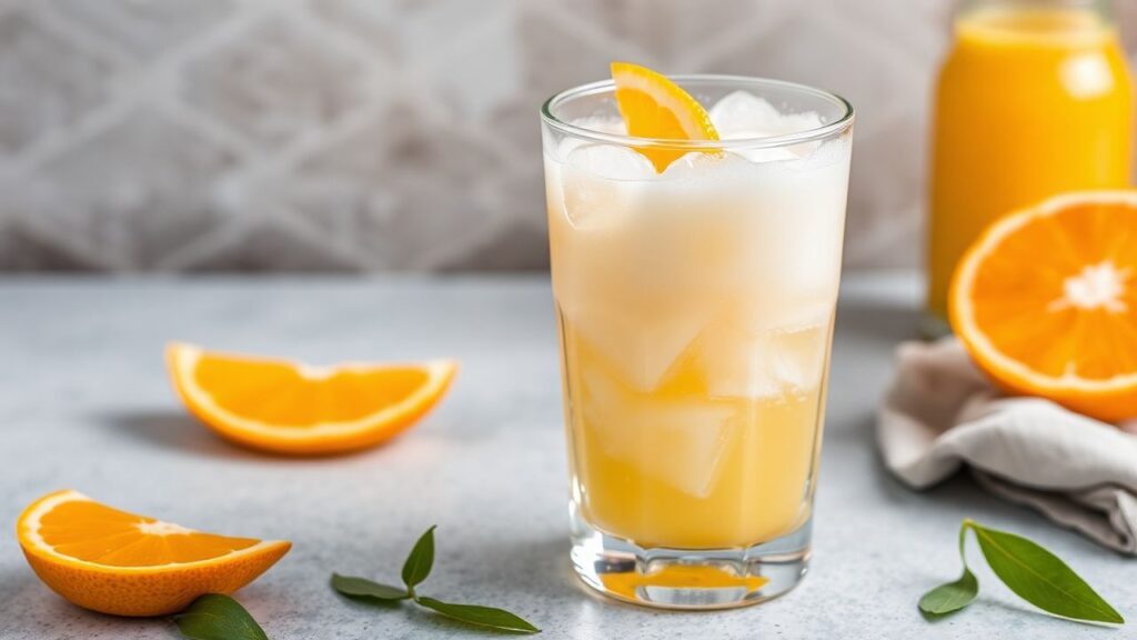 Orange Julius homemade in a tall glass with orange foam and ice, showing the frothy texture