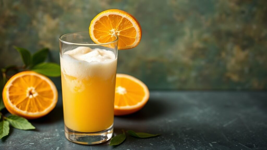 Freshly blended Orange Julius homemade in a tall glass with a creamy orange top