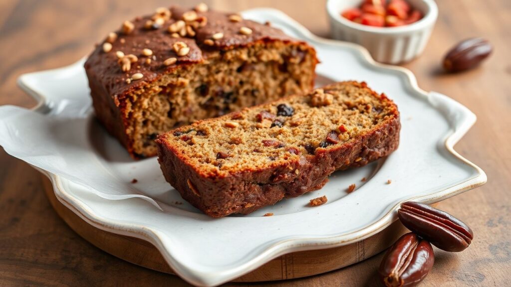 Spiced date and walnut loaf with warm spice aroma.