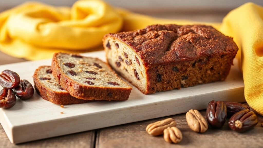 Golden crust and textured crumb of spiced date and walnut loaf.