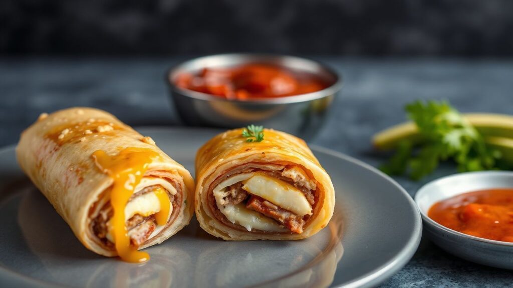 Crispy cheesesteak egg rolls with zesty spicy ketchup on a plate
