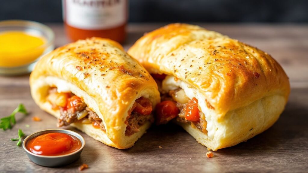 Golden cheesesteak egg rolls with spicy ketchup dipping sauce