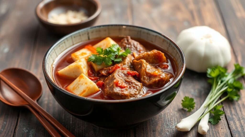 Kimchi beef and tofu stew in a bowl with visible spicy red broth and tofu pieces