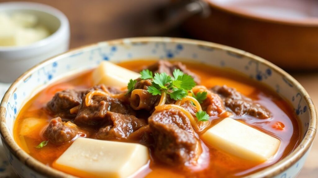 Hearty kimchi beef and tofu stew with green onion garnish and visible tofu cubes