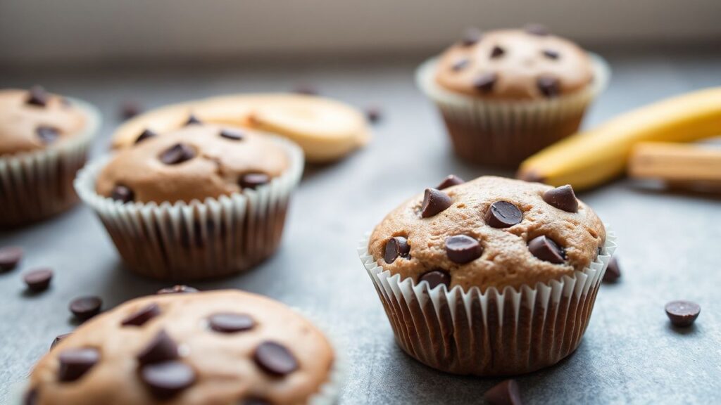 Chocolate chip banana bread muffins cooling after baking