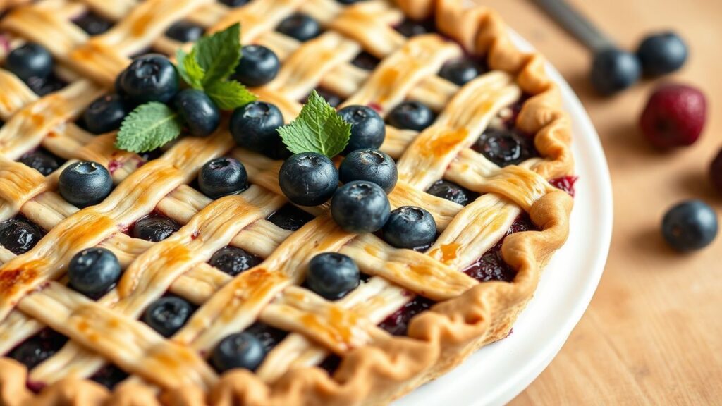 Classic blueberry pie with a golden woven lattice edge