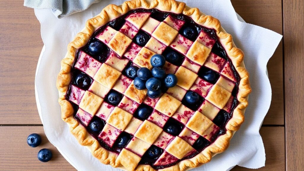 Classic blueberry pie with golden crust and lattice top
