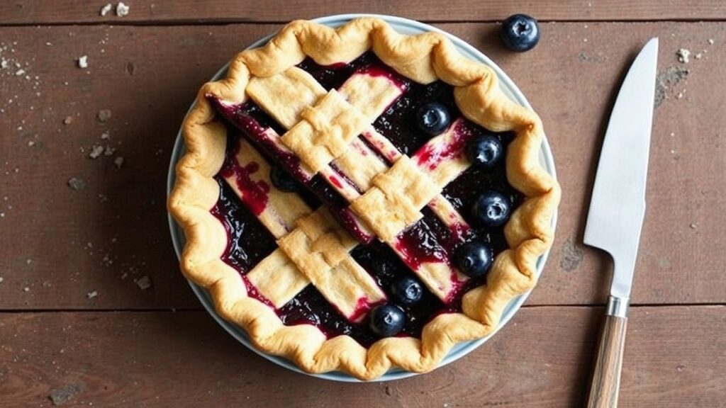 Blueberry pie fresh from oven with woven lattice